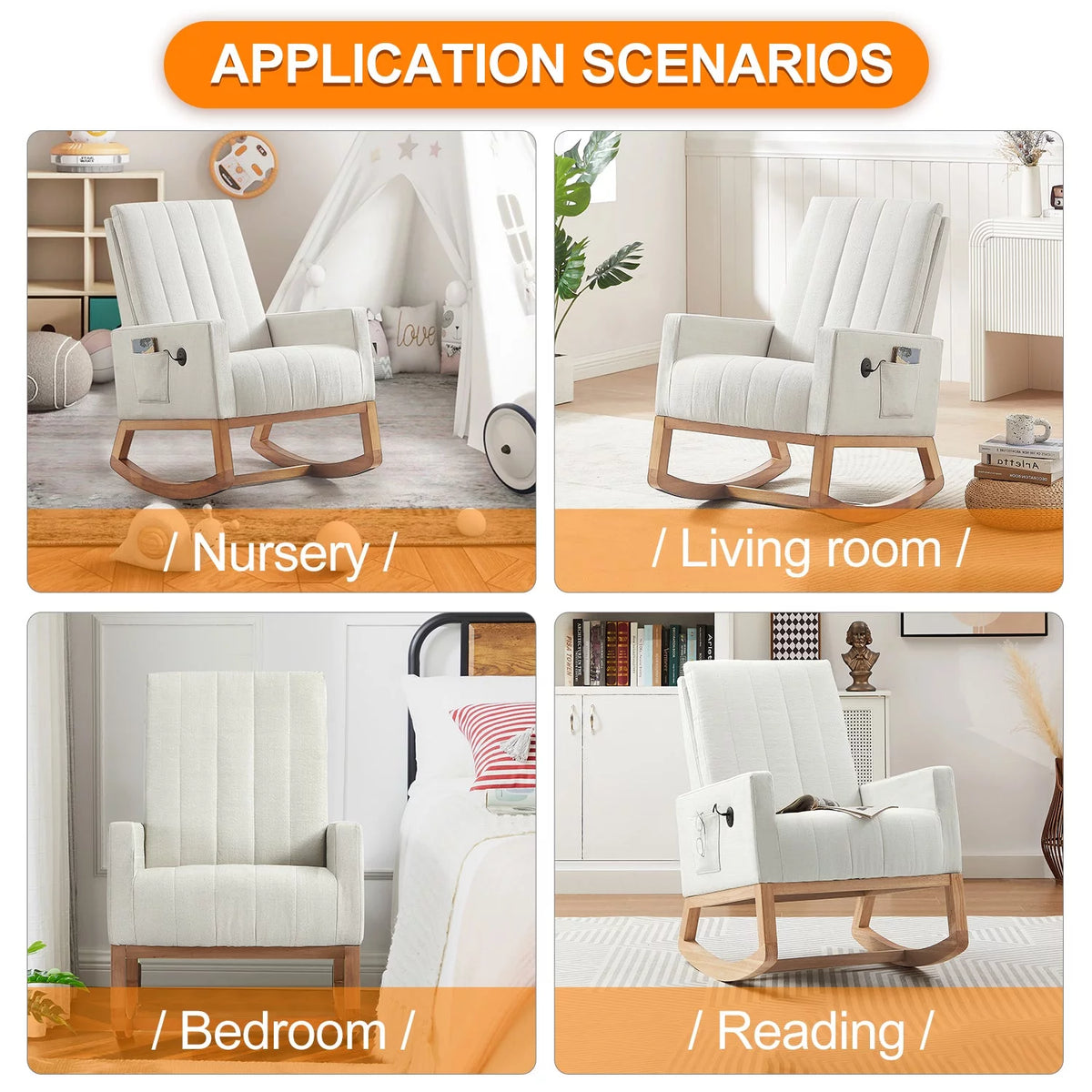 Mid-Century Rocking Nursery Chair with USB Ports and Storage Pockets Y4795