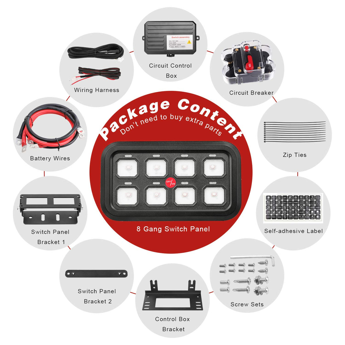 8 Gang Switch Panel Kit with Harness and Label Stickers E8314