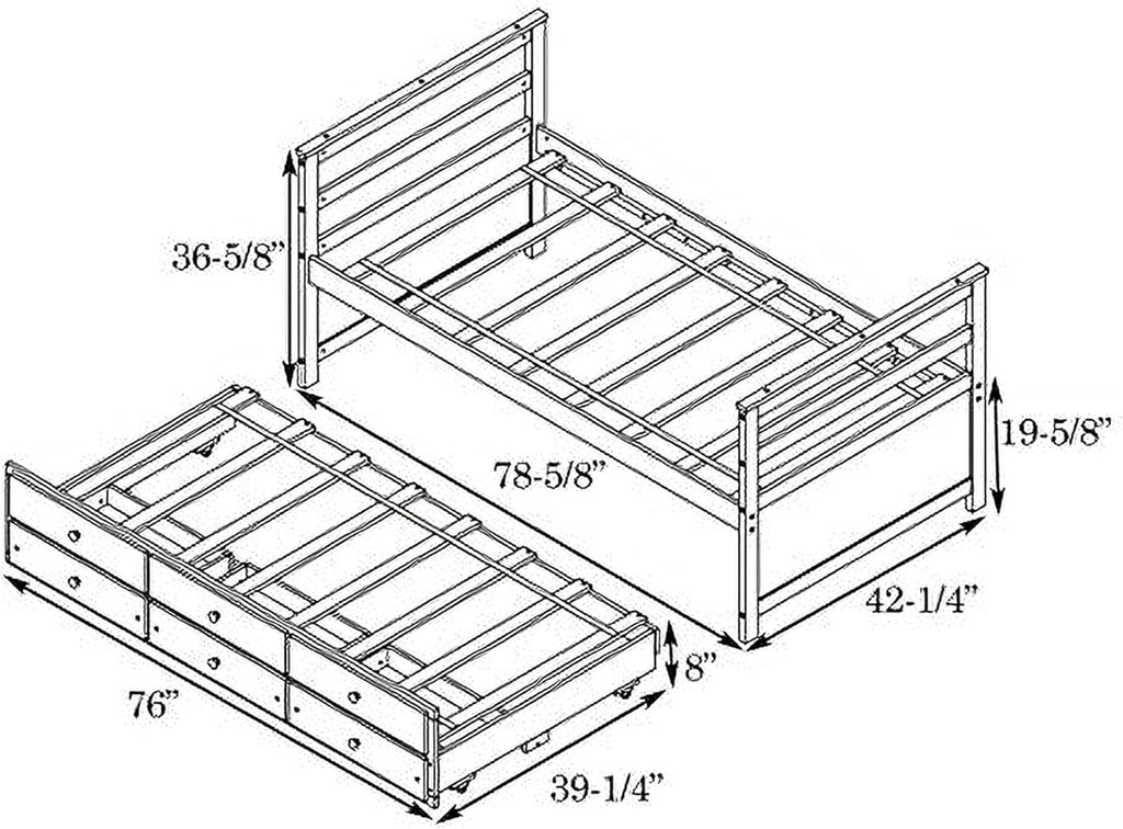Twin Wood Platform Daybed Frame with Trundle and 3 Storage Drawers O85522