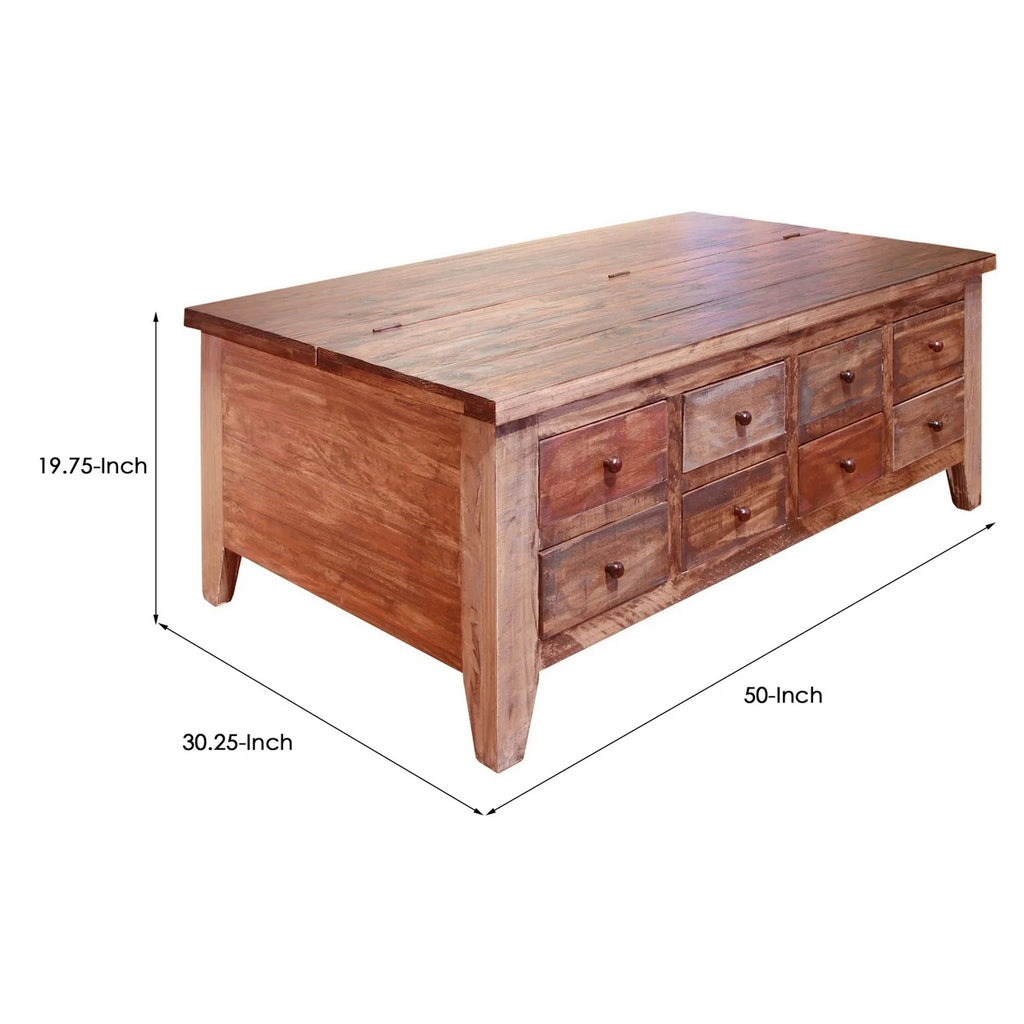 50 Inch 8 Drawer Lift Top Pine Wood Coffee Table D9405