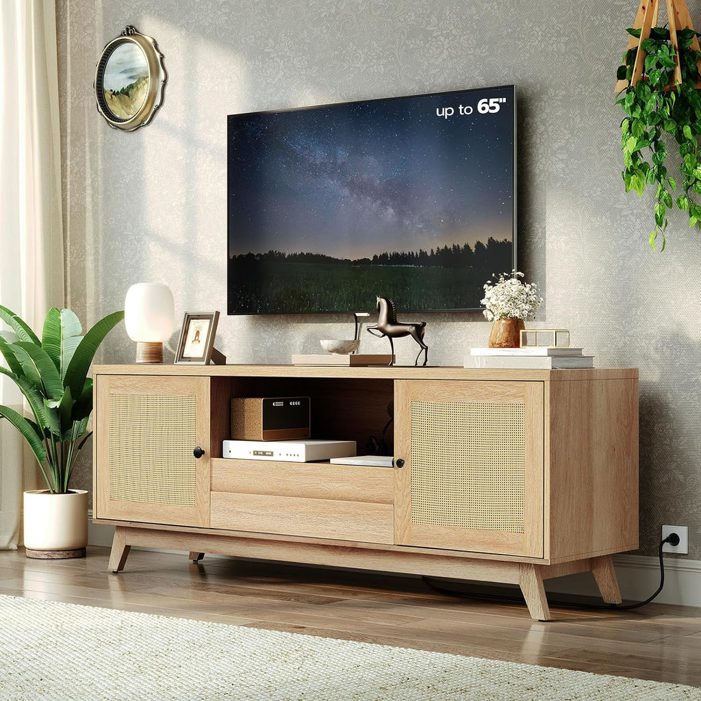Rattan TV Stand for up to 65 inches TV with Charging Station J3921