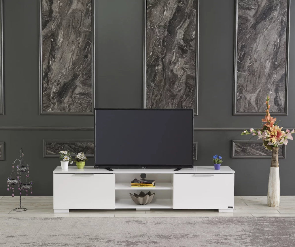 White Mid Century Tv Stand with Shelf L1815