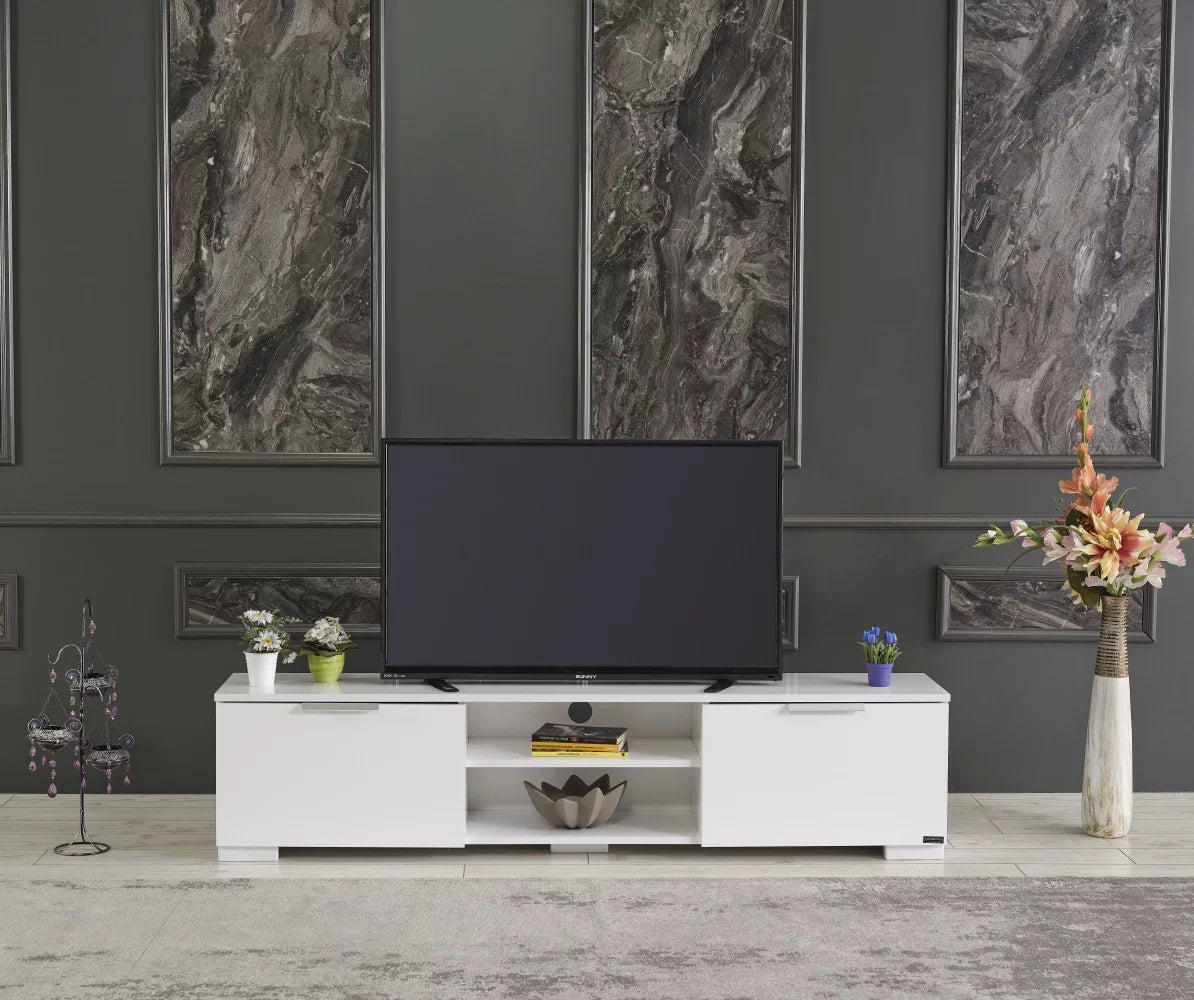 White Mid Century Tv Stand with Shelf L1815