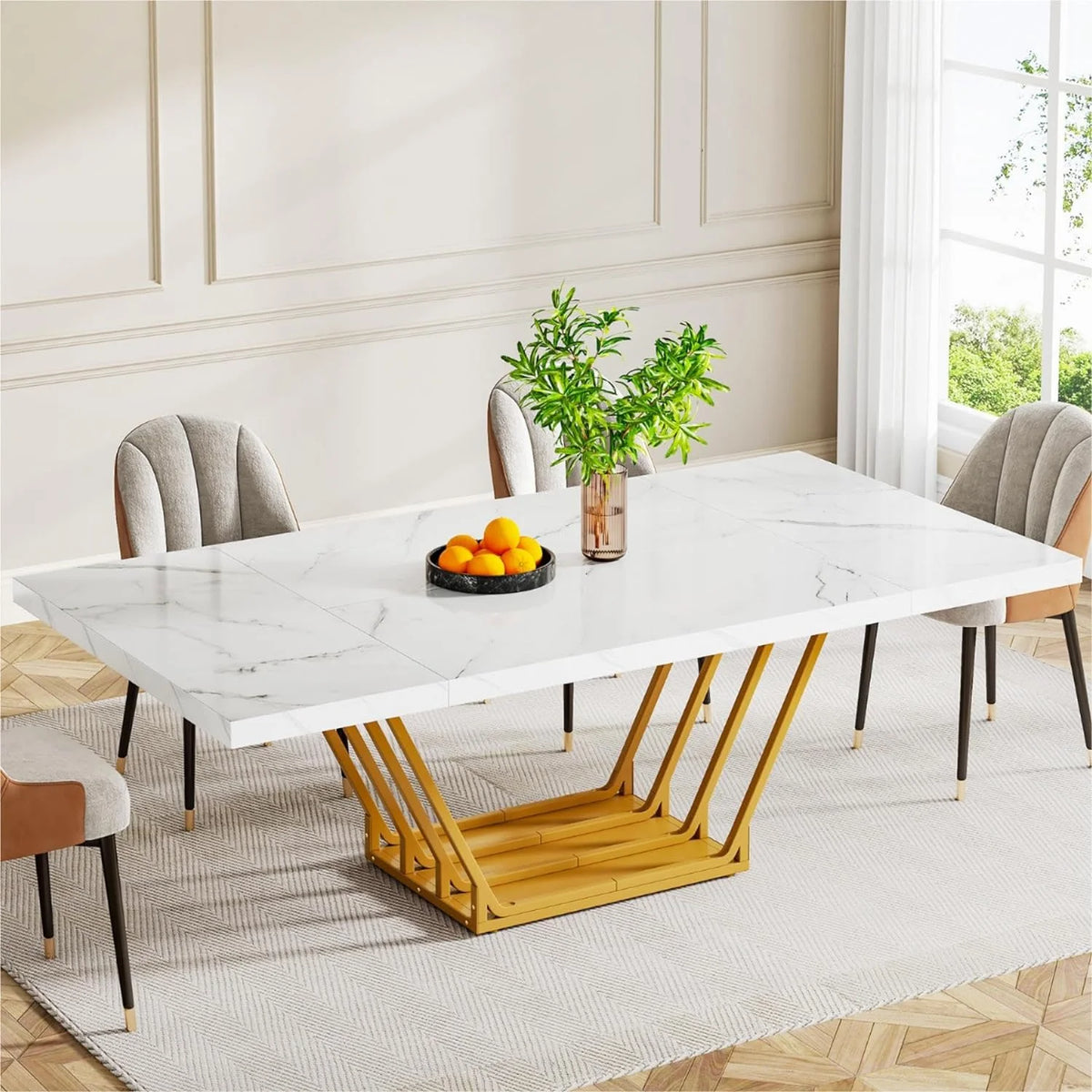 63" Rectangular Dining Table with Faux Marble Top Q420