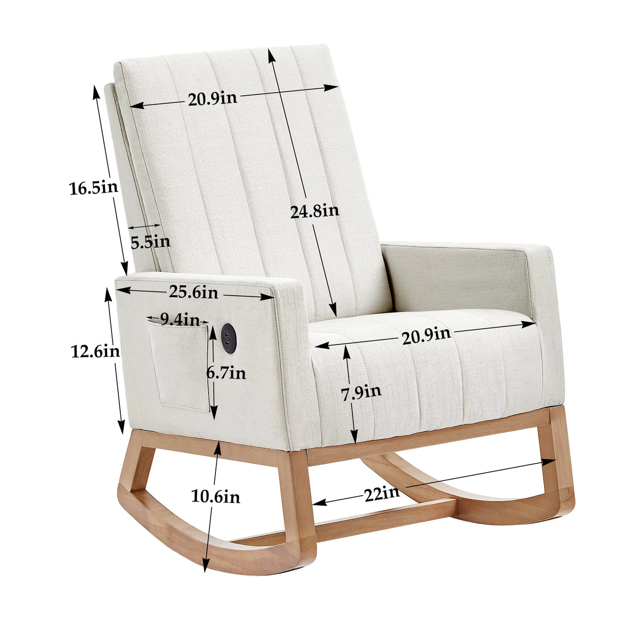 Mid-Century Rocking Nursery Chair with USB Ports and Storage Pockets Y4795