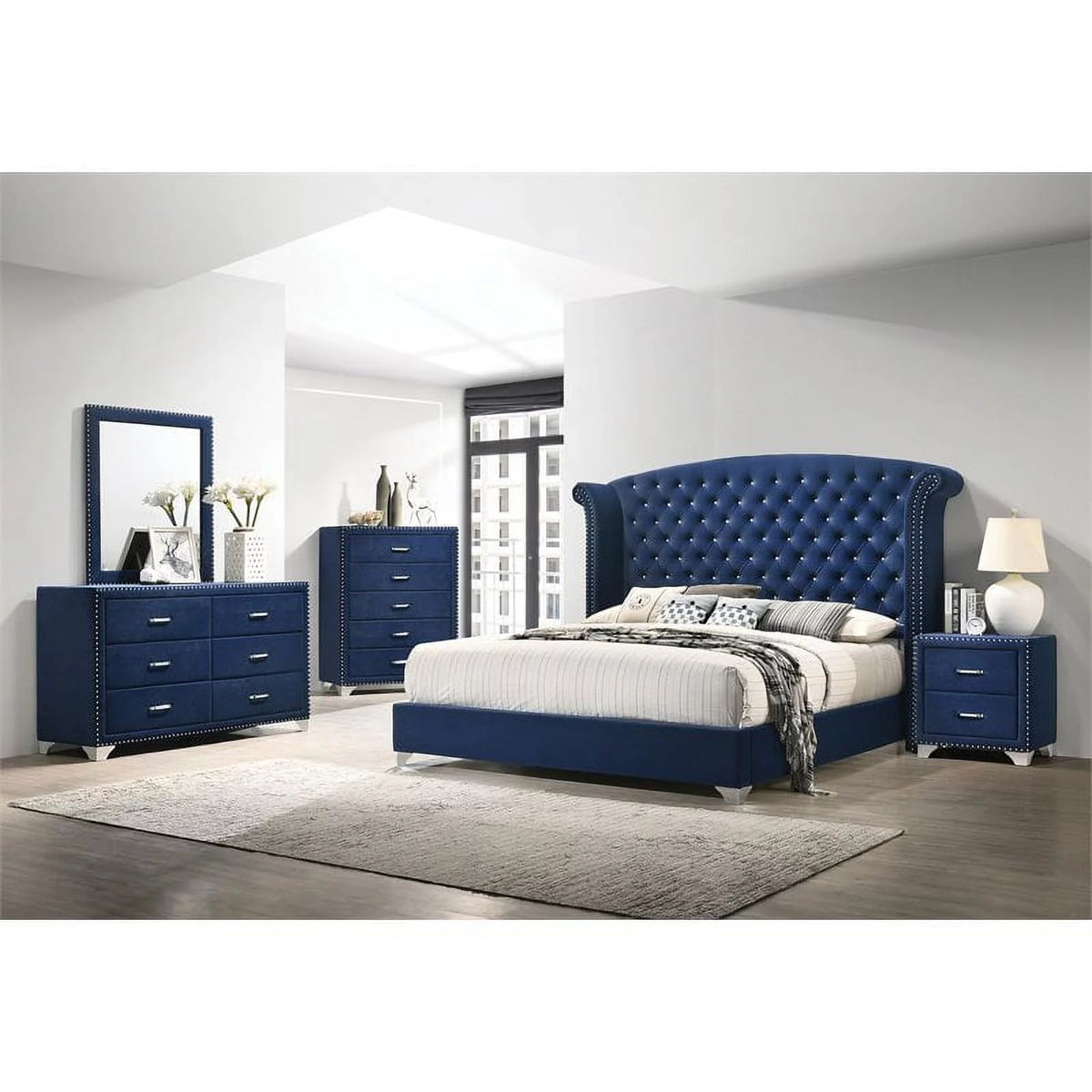 4-Piece Velvet Queen Bedroom Set in Blue K4361