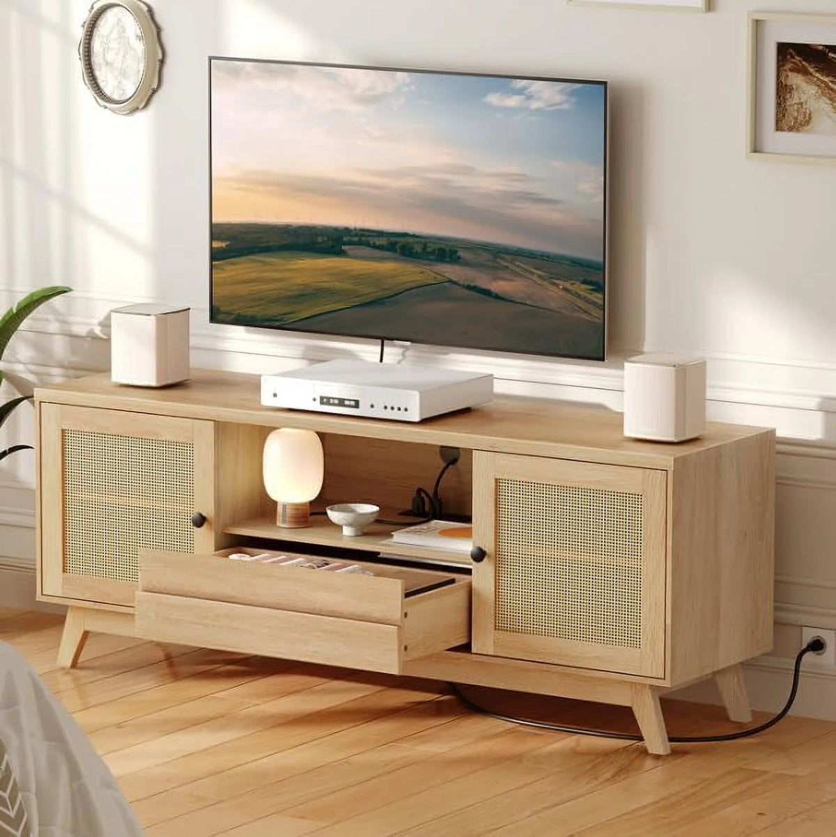 Rattan TV Stand for up to 65 inches TV with Charging Station J3921