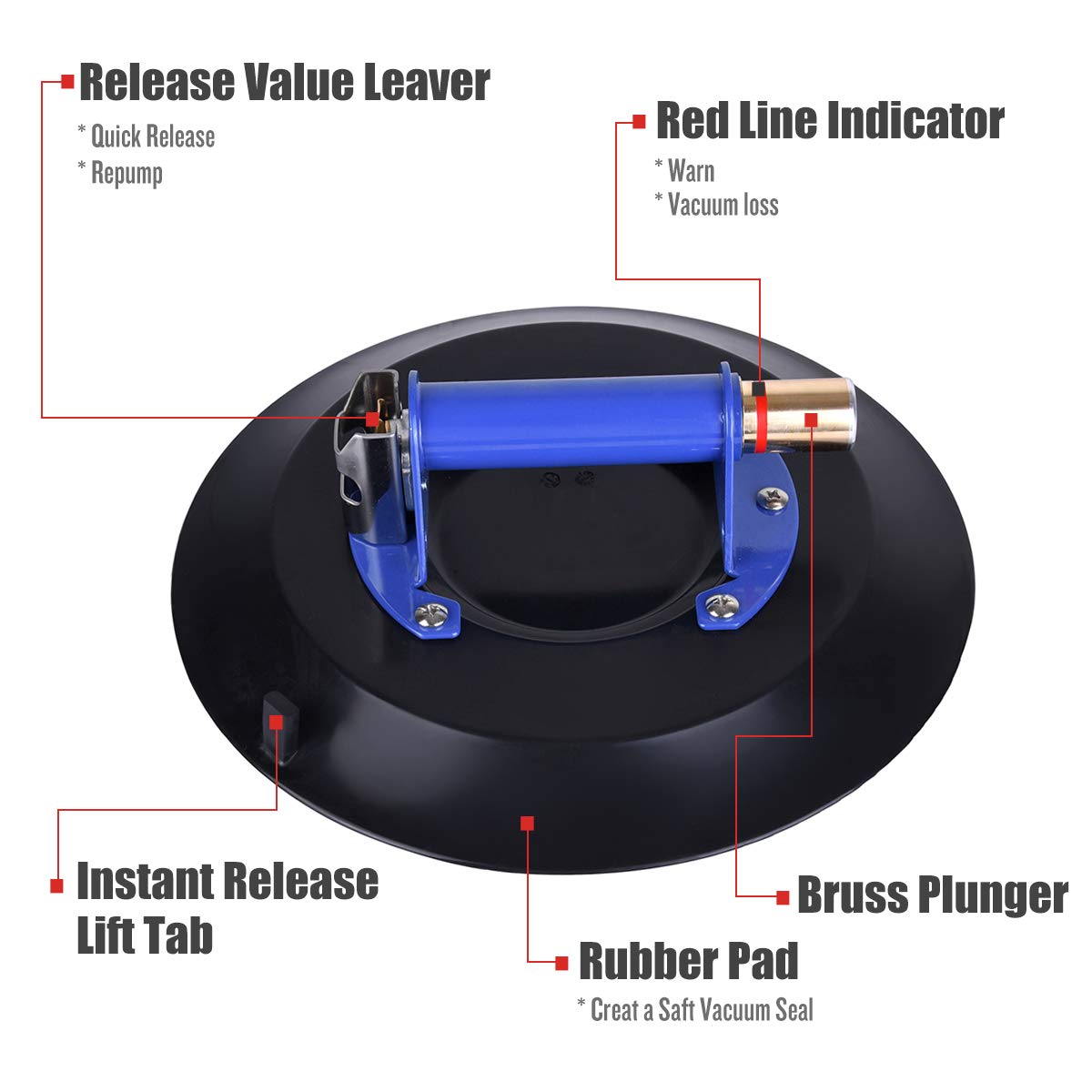 8 Glass Suction Cup Vacuum Glass Lifter with Metal Handle and Brass Pump H6189