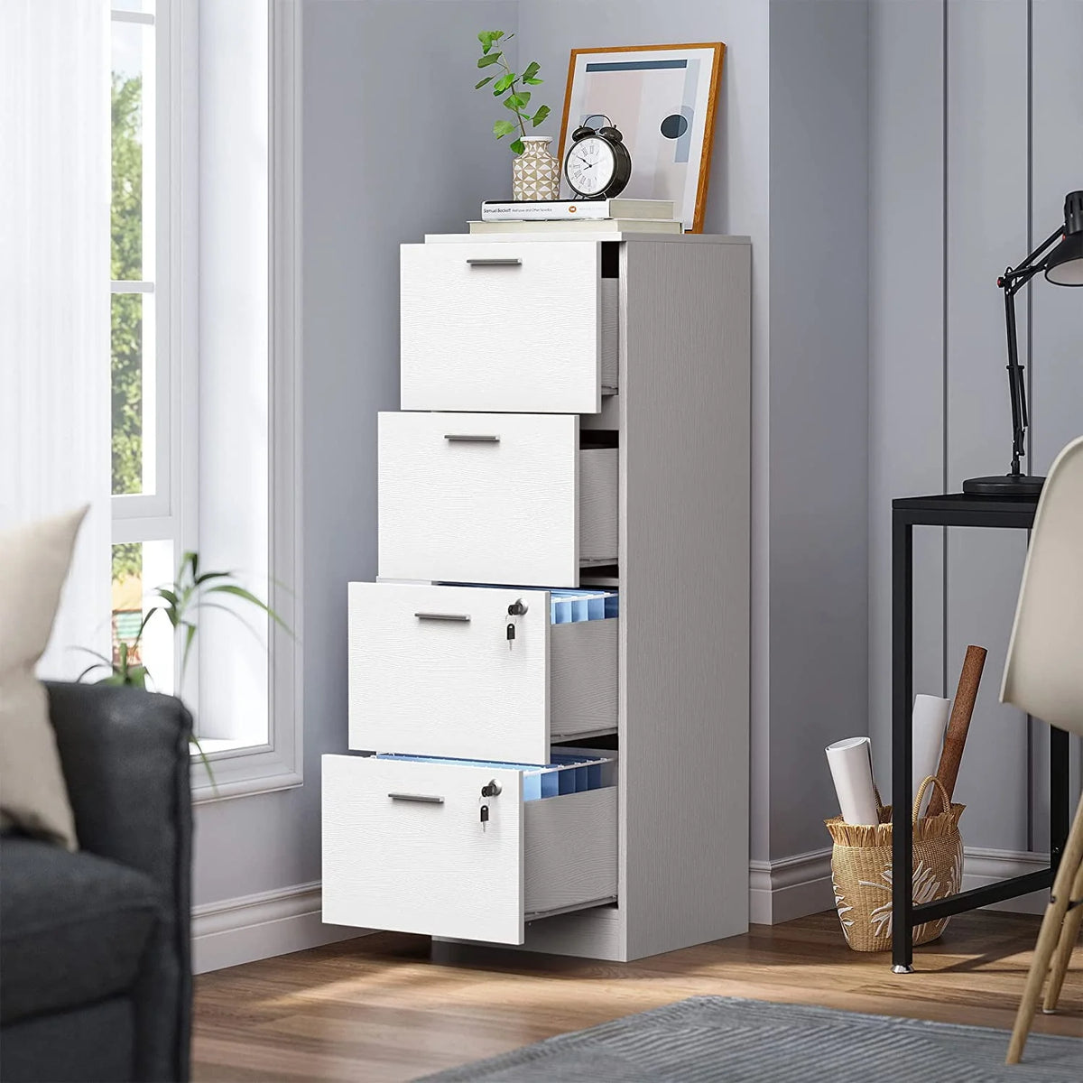 4 Drawer White Wood File Cabinet with Lock T345392