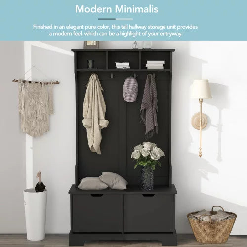 Wood Hall Tree with 2 Flip Shoe Storage Drawers and Storage Bench M349