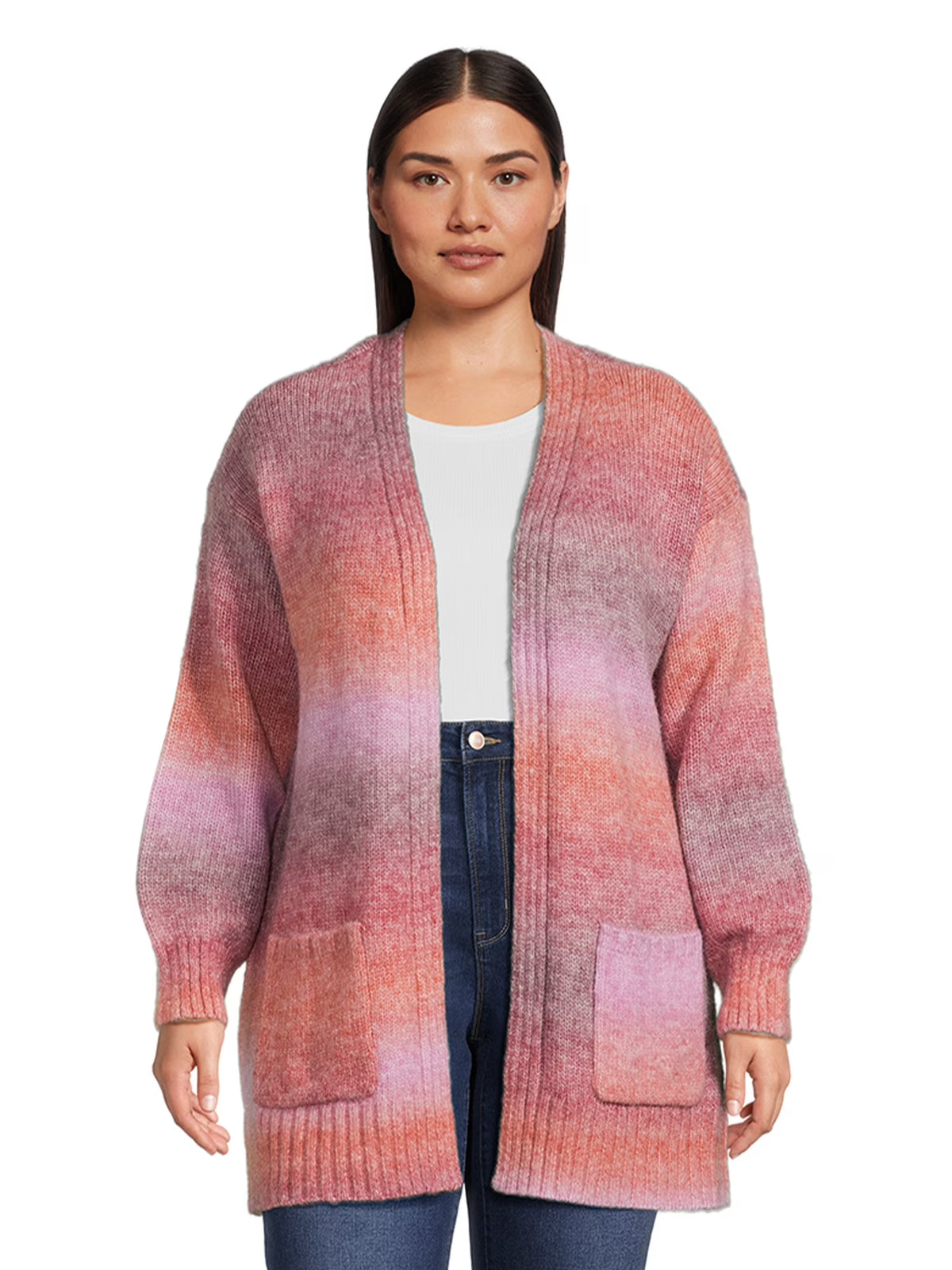 Women's Plus Size Drop Shoulder Open Cardigan with Balloon Sleeves V9934